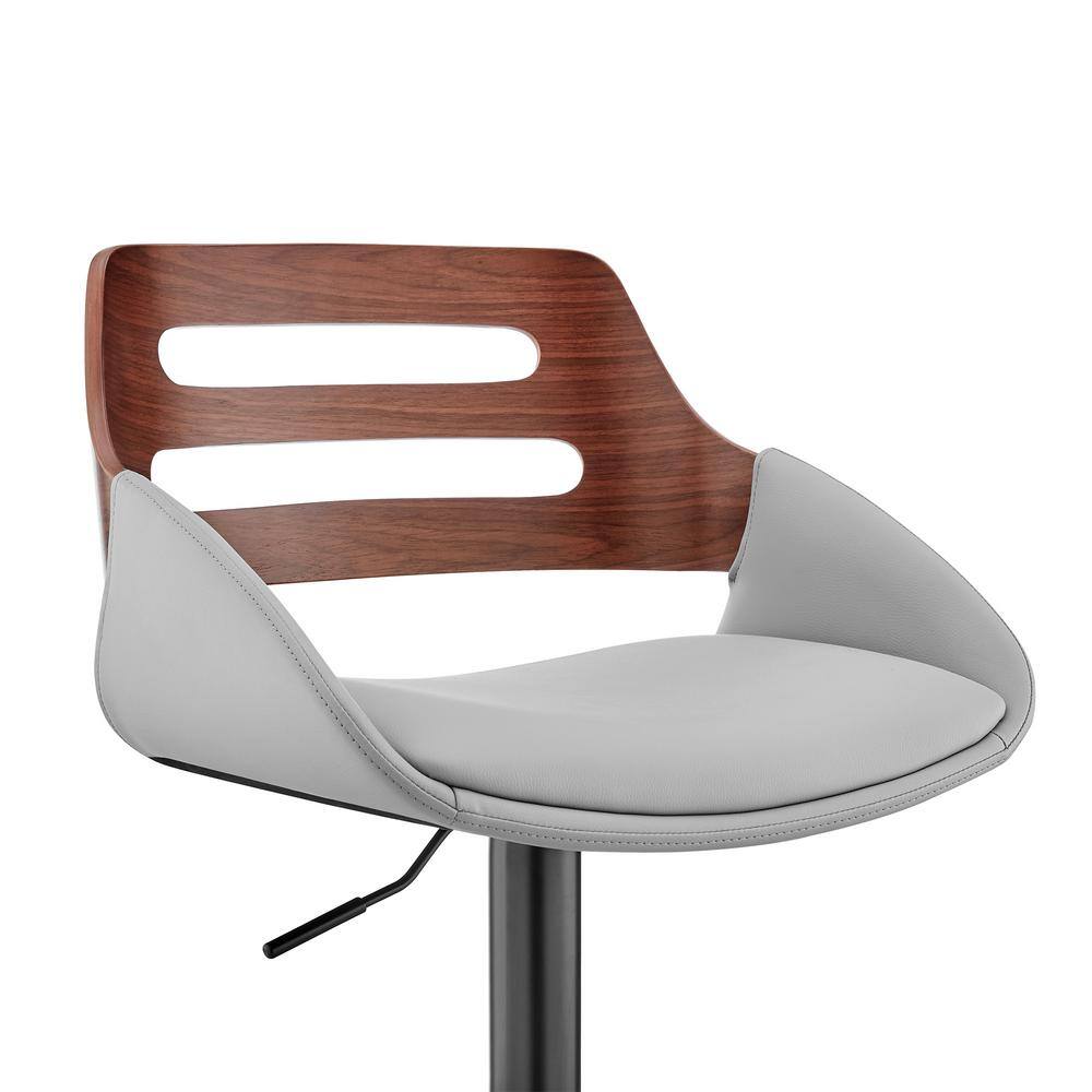 Adjustable Gray Leather and Walnut Wood Swivel Bar Stool