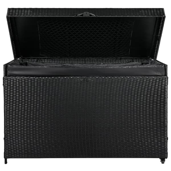 FIROMO 230 Gal. Outdoor Waterproof Wicker Deck Box with Wheels, Lockable Large Capacity, Rattan Storage Bin, Black for Pool