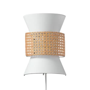 2-Light Matte White Plug-In or Hardwire Wall Sconce with White Fabric Shade and Natural Rattan Accent
