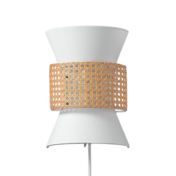 Globe Electric 2-Light Matte White Plug-In or Hardwire Wall Sconce with White Fabric Shade and Natural Rattan Accent