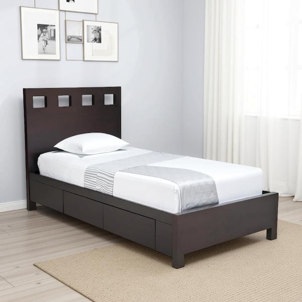 Yee Espresso Brown Wood Frame King Panel Bed with Cut Out Headboard and 4-Drawers