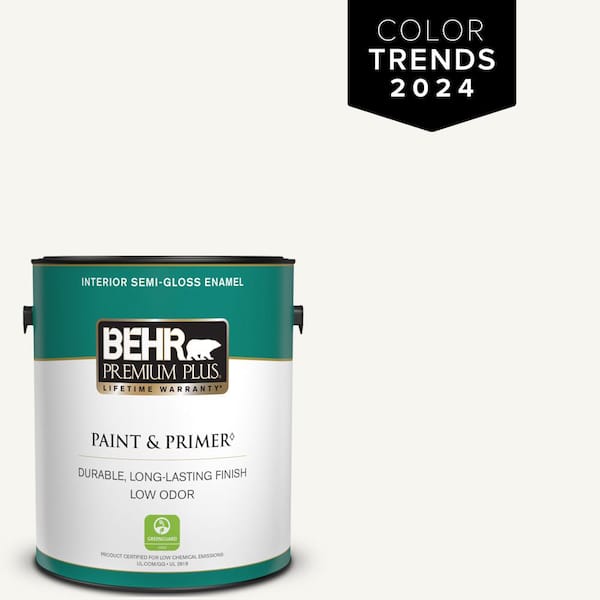 BEHR PREMIUM PLUS 5 gal. Ultra Pure White Semi-Gloss Enamel Low