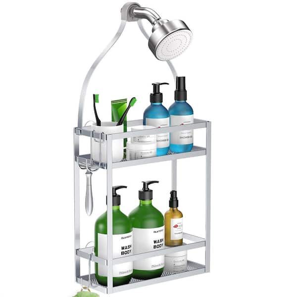 Cubilan Over-the-Shower Bathroom Caddy with Hooks in Silver