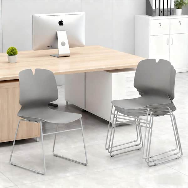 Gray Polypropylene Plastic Stacking Dining Chair Set of 4 With Solid Steel Frame Support