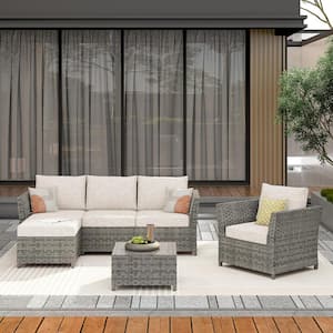 Bella Gray 6-Piece Wicker Outdoor Sectional Set with Beige Cushions