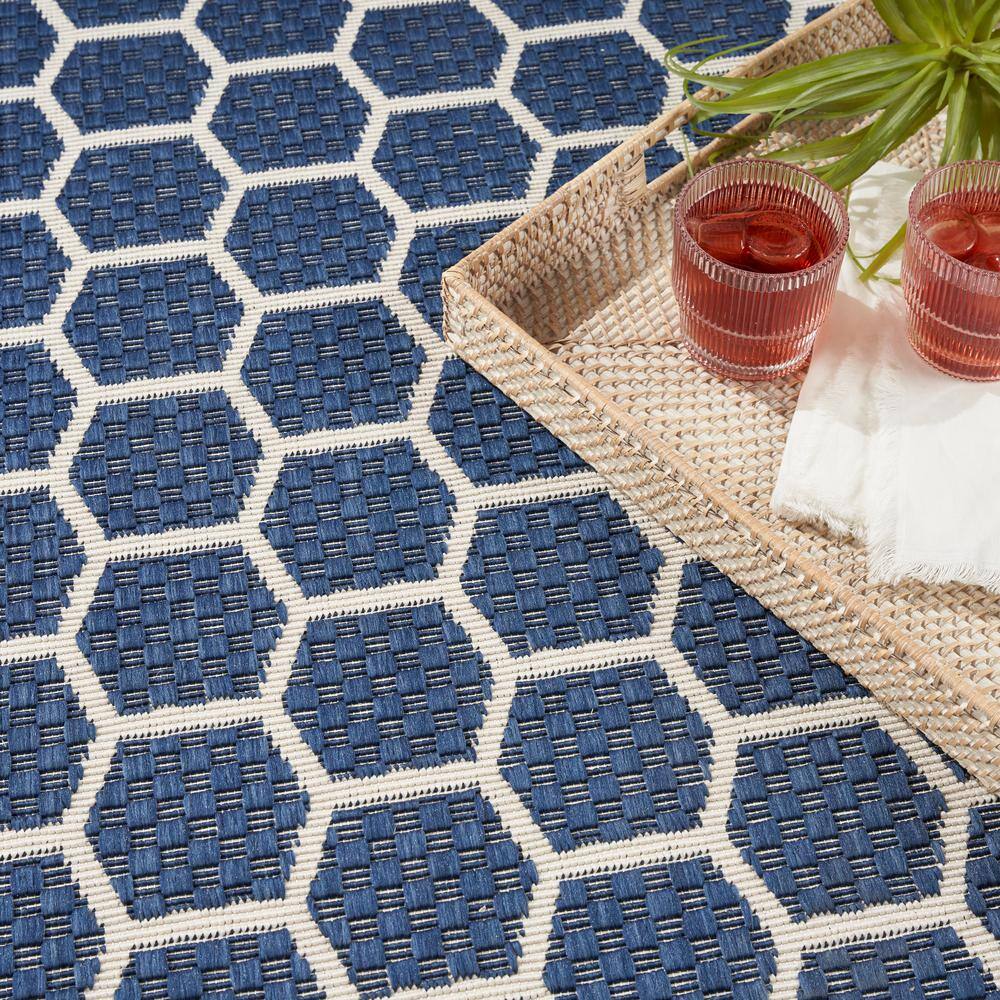 Navy and White Geometric Flat Woven Reversible Runner Rug