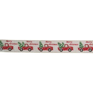 2.5 in. x 16 yds. Red Trucks and Christmas Tree Wired Craft Beige Ribbon
