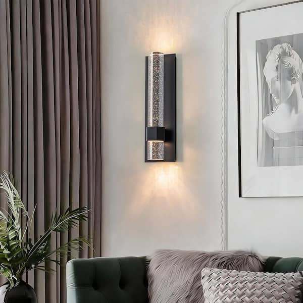 LUMEN HEXA 1-Light Modern Matte Black Integrated LED Dimmable Bubble Crystal Bar Wall Sconce with 3000K Warm Light