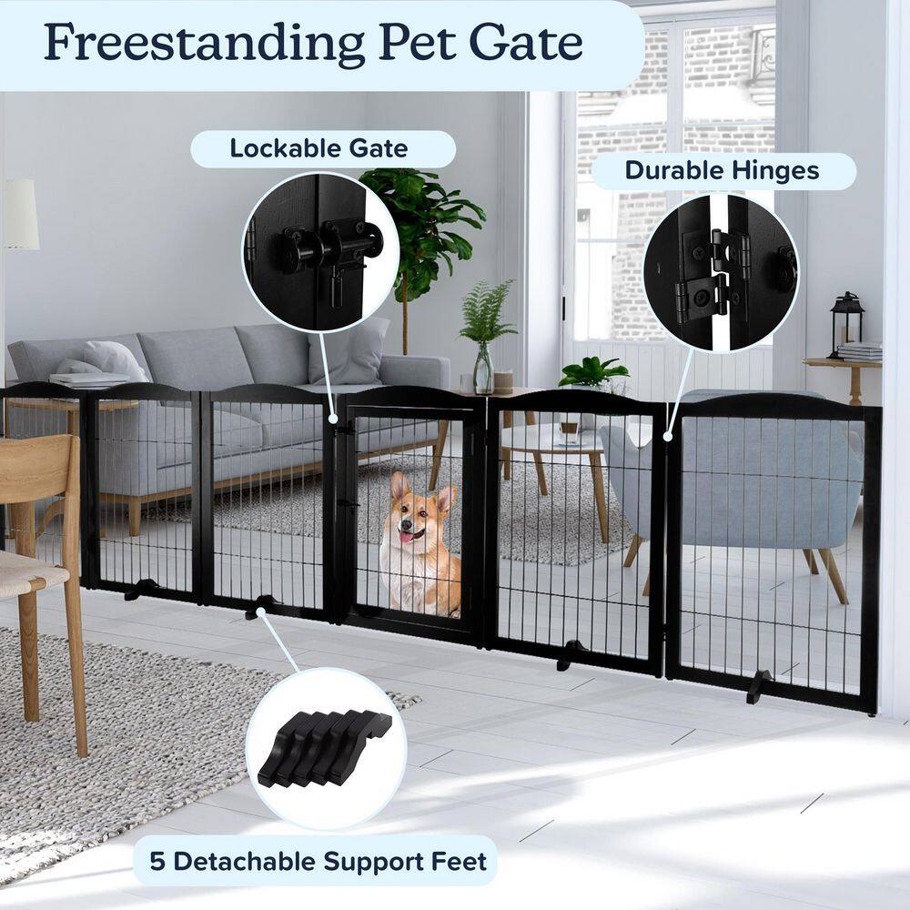 Black Solid Wood and Metal Freestanding Pet Gate