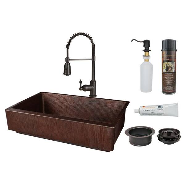 Premier Copper Products All-in-One Farmhouse Apron Front Copper 35 in. Single Bowl Retrofit Kitchen Sink with Spring Faucet in Oil Rubbed Bronze