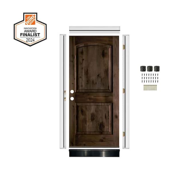 DIY RTA KIT 36in.x80in. Knotty Alder 2-Panel Right-Hand/Inswing Arch Black Stain Wood Ready To Assemble Front Door