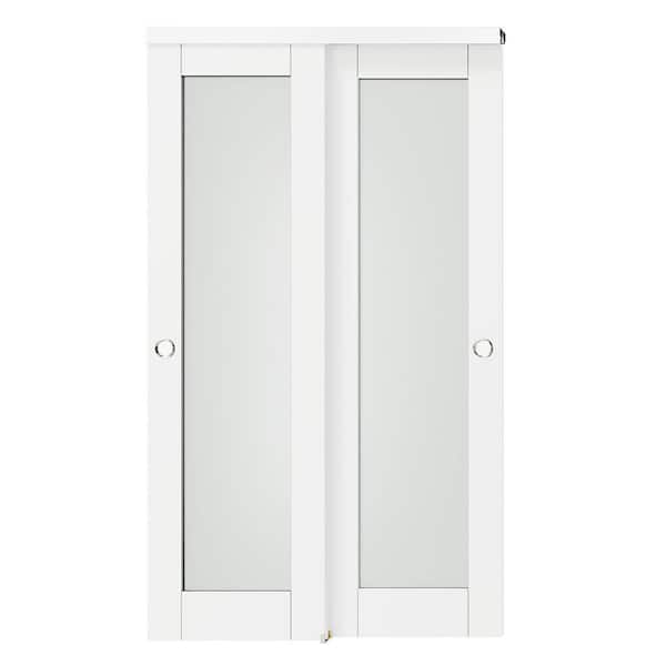 TENONER 48 in. x 80 in. White, Solid Core, MDF and DIY Painted Double Frosted Glass Panel Bypass Sliding Door Aluminium Hardware
