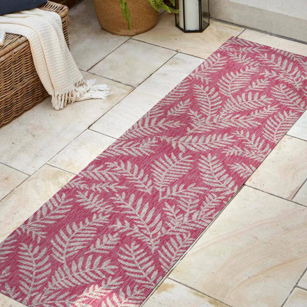 Fuchsia and Light Gray Palm Frond Synthetic Runner Rug, 2'-2" x 8'