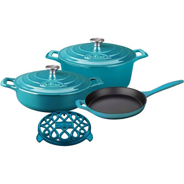 La Cuisine PRO 6-Piece Enameled Cast Iron Cookware Set with Saute, Skillet and Round Casserole with Trivet in High Gloss Teal