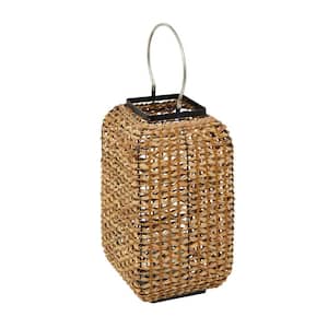 Brown Dried Plant Handmade Rattan Weaved Decorative Candle Lantern with Glass Holder and Handle