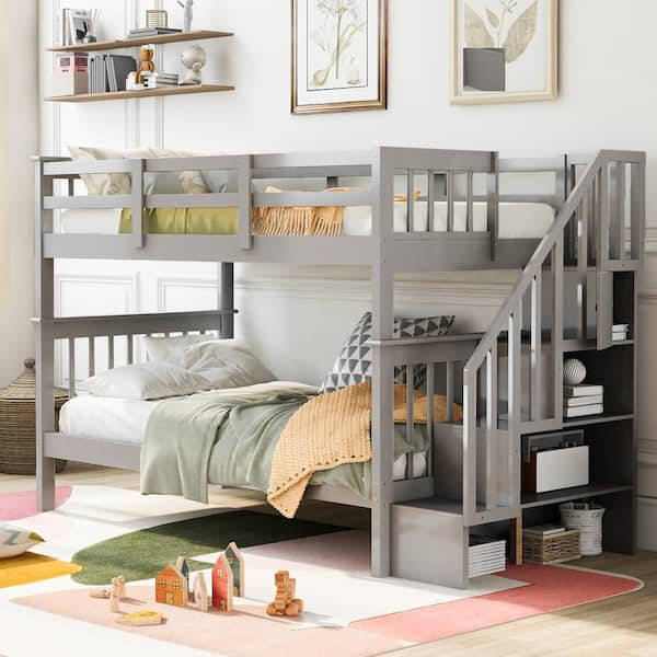 ANBAZAR Espresso Twin Bunk Bed with Stairway, Wood Bunk Beds with Book  Shelf and Guard Rail, Wood Kids Bunk Bed Frame 01888ANNA-P - The Home Depot