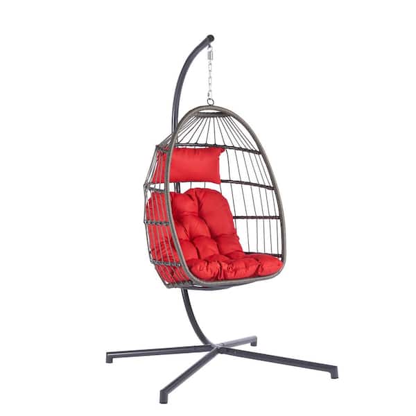 Cesicia 1 Person Gray Wicker Porch Egg Swing Chair with Red Cushion and Stand