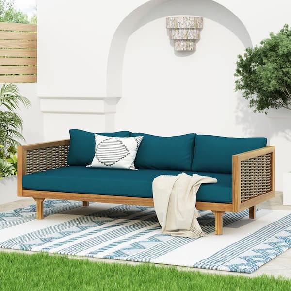 Cesicia Wood 3-Seater Outdoor Day Bed with Arms and Dark Green Cushion