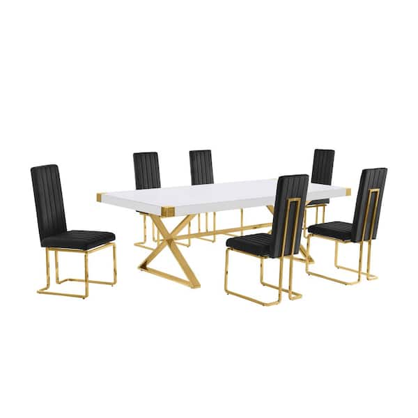 Miguel 7-Piece Rectangle White Wood Top Gold Stainless Steel Dining Set with 6 Black Velvet Chairs