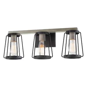 Maddox 22.5 in. 3-Lights Textured Black with Gray Oak Wood Style Farmhouse Bathroom Vanity Light