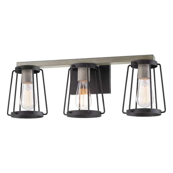 Kira Home Maddox 22.5 in. 3-Lights Textured Black with Gray Oak Wood Style Farmhouse Bathroom Vanity Light