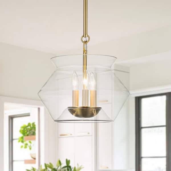 HUOKU Tanzy 3-Light 13 in. W Aged Brass Chandelier with Unique Clear Glass Jar Pendant for Kitchen Island