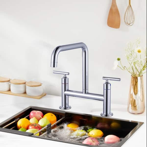 Double Handle 2-Hole Solid Brass Bridge Kitchen Faucet with 360° Rotation Spout in Polished Chrome