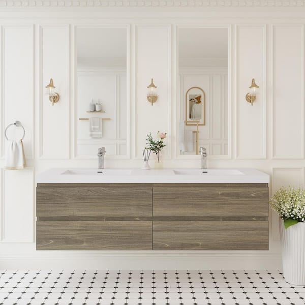 70.9 in. W x 19.7 in. D x 22.5 in. H Double Sink Wall Mounted Bath Vanity in Ash Grey with White Solid Surface Top