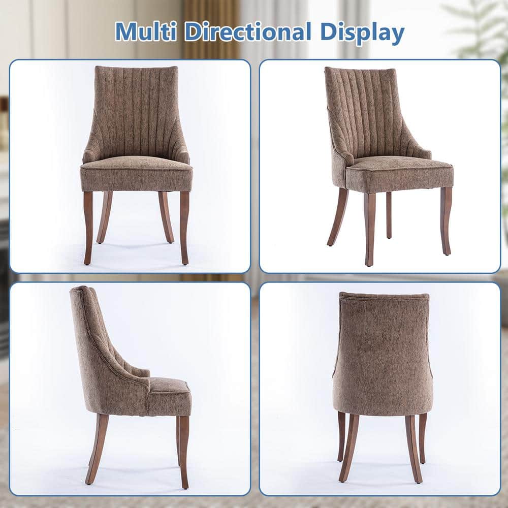 Brown Linen High Back Upholstered Dining Chairs with Wood Legs