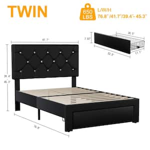 Upholstered Storage Bed-1 Drawer, Black Metal Frame Twin Platform Bed with Faux Leather Tufted Headboard, Wood Slats