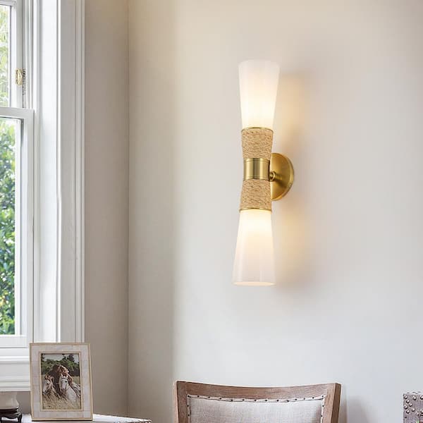 20.08 in. 2-Light Rustic Rope Copper Wall Sconce with White Opal Glass Shades