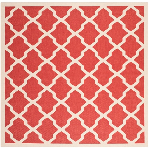 Courtyard Red/Bone 8 ft. x 8 ft. Square Geometric Indoor/Outdoor Patio  Area Rug