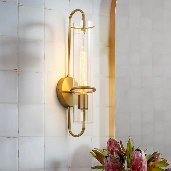 Dvorakova 20.47 in. H. 1-Light Brushed Gold Wall Sconce Modern Cylinder Bathroom Vanity Light with Ribbed Glass Shade