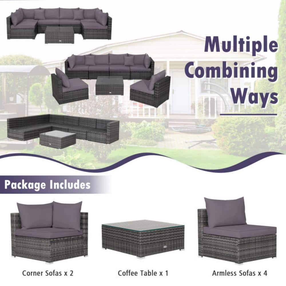 Gray 7-Piece PE Rattan Sectional Sofa Set with Cushions
