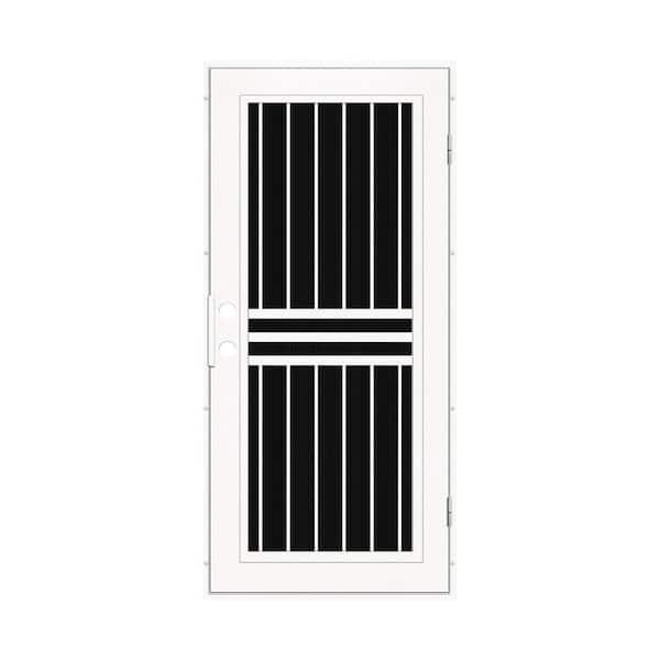 Unique Home Designs 32 in. x 80 in. Plain Bar White Left-Hand Surface Mount Aluminum Security Door with Charcoal Insect Screen