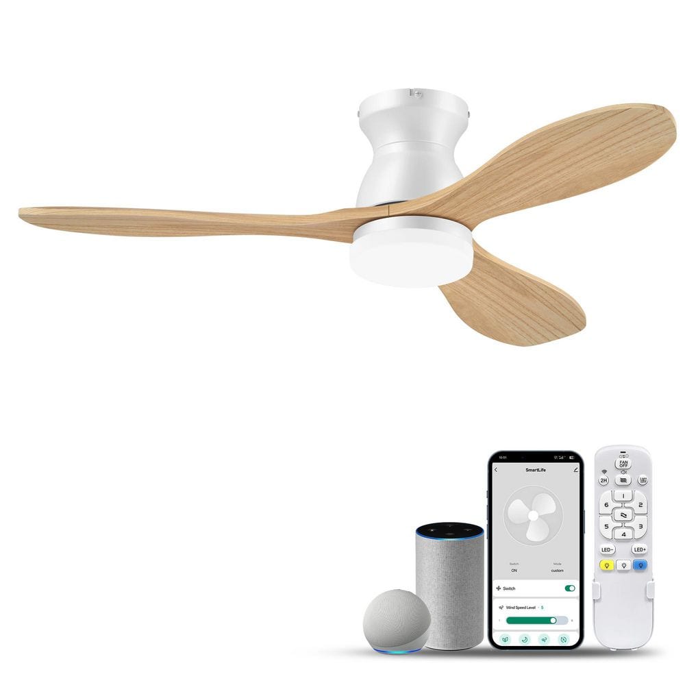 42 in. White/Light Wood Standard Indoor/Outdoor Flush Mount Ceiling Fan with LED Lights and Remote Control, Dimmable