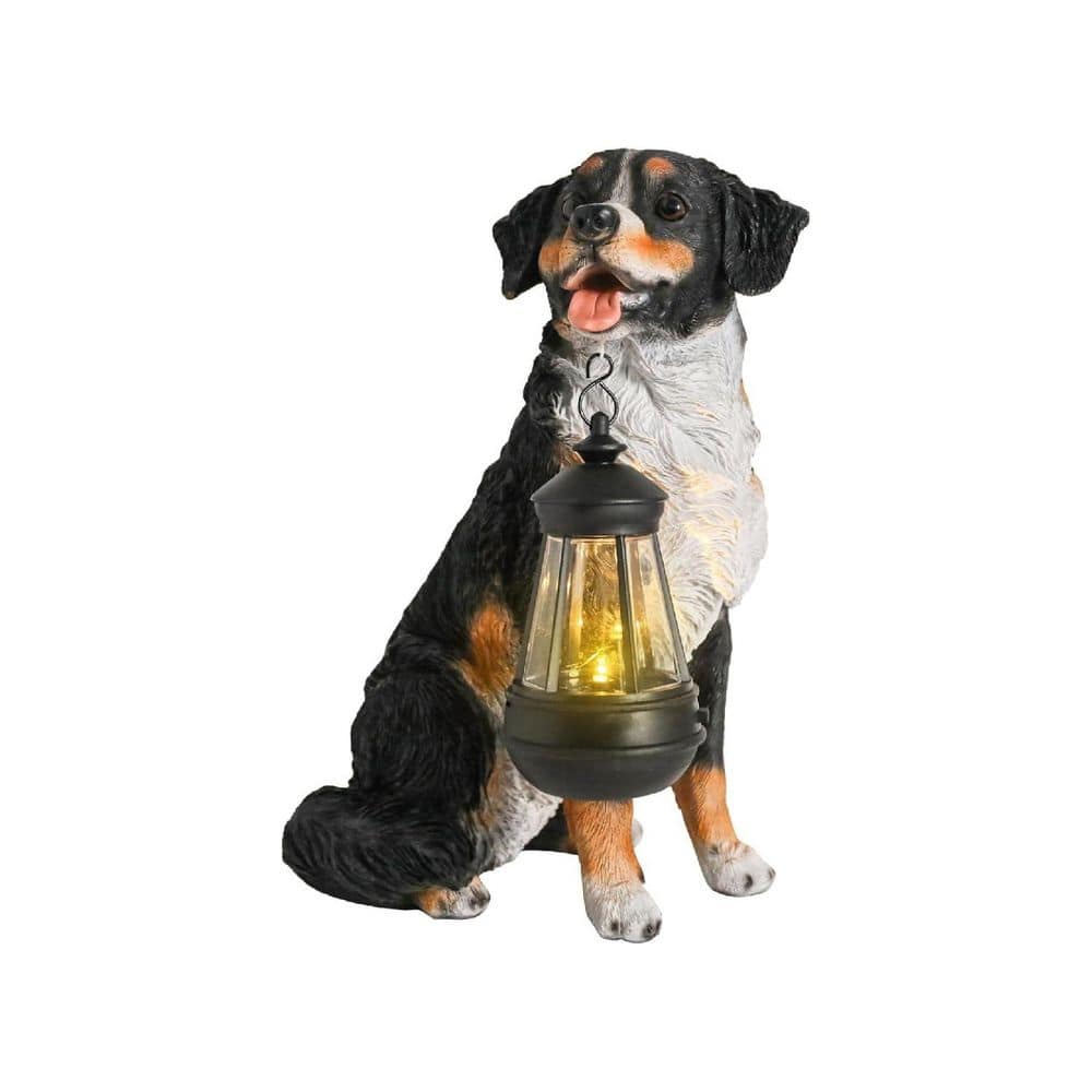 8 in. x 12 in. Black Resin Dog Garden Statue with Solar Lantern
