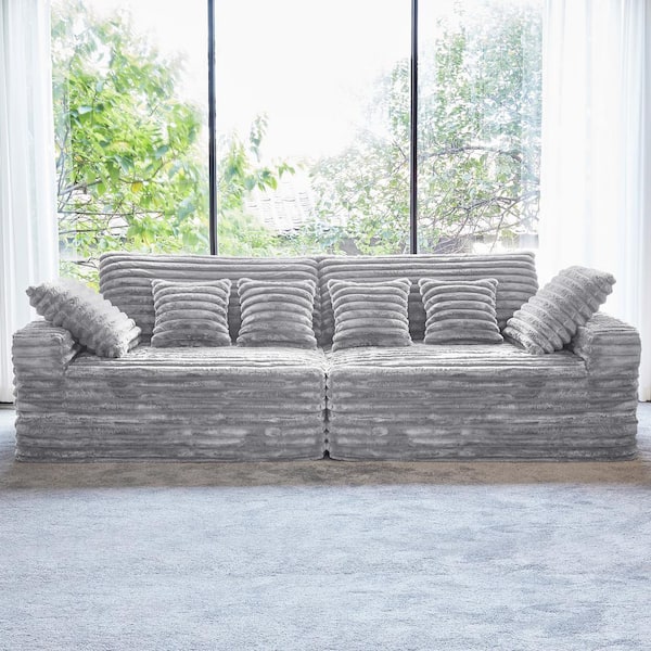 Modern 120 in. Wide Square Arm Velvet Rectangle Sectional Sofa Couch Double Seats Square in Gray