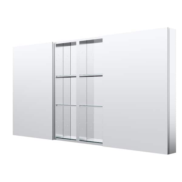 72 in. W x 36 in. H Rectangular Polished Aluminum Tri-view Soft Close Medicine Cabinet with Mirror Combo Set, Reversible