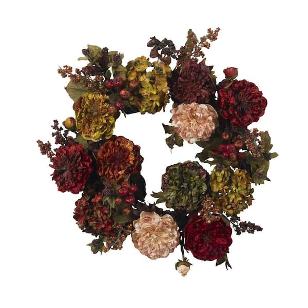 Nearly Natural 22in. Artificial Wreath with Autumn Hydrangeas and Peony