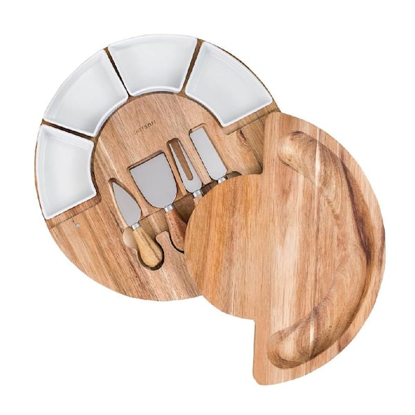 Unbranded 13 in. Brown Acacia Wood Charcuterie Cheese Board and Platter Set with 4 Knives & 4 Bowls for Entertaining & Serving