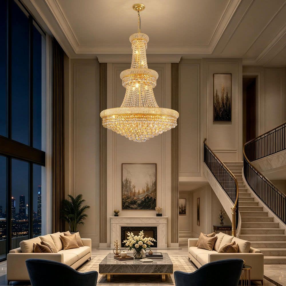 WDETR 32 in. 20-Light Gold Crystal Tower Chandelier for Living