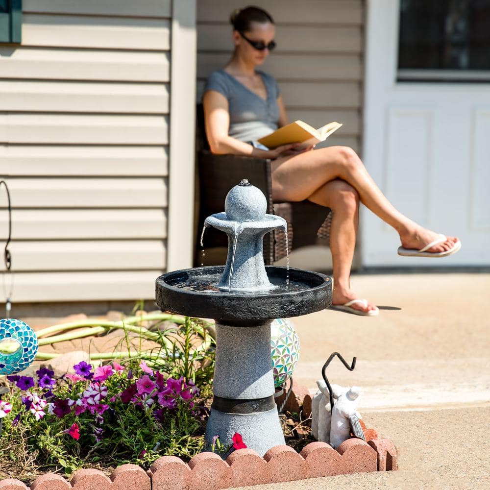 Contemporary Gray and Black Polyresin Outdoor Water Fountain with LED Light
