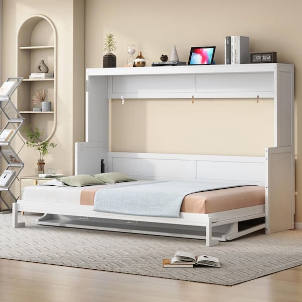 White Wood Frame Queen Size Murphy Bed with Hydraulic Lift, Desk