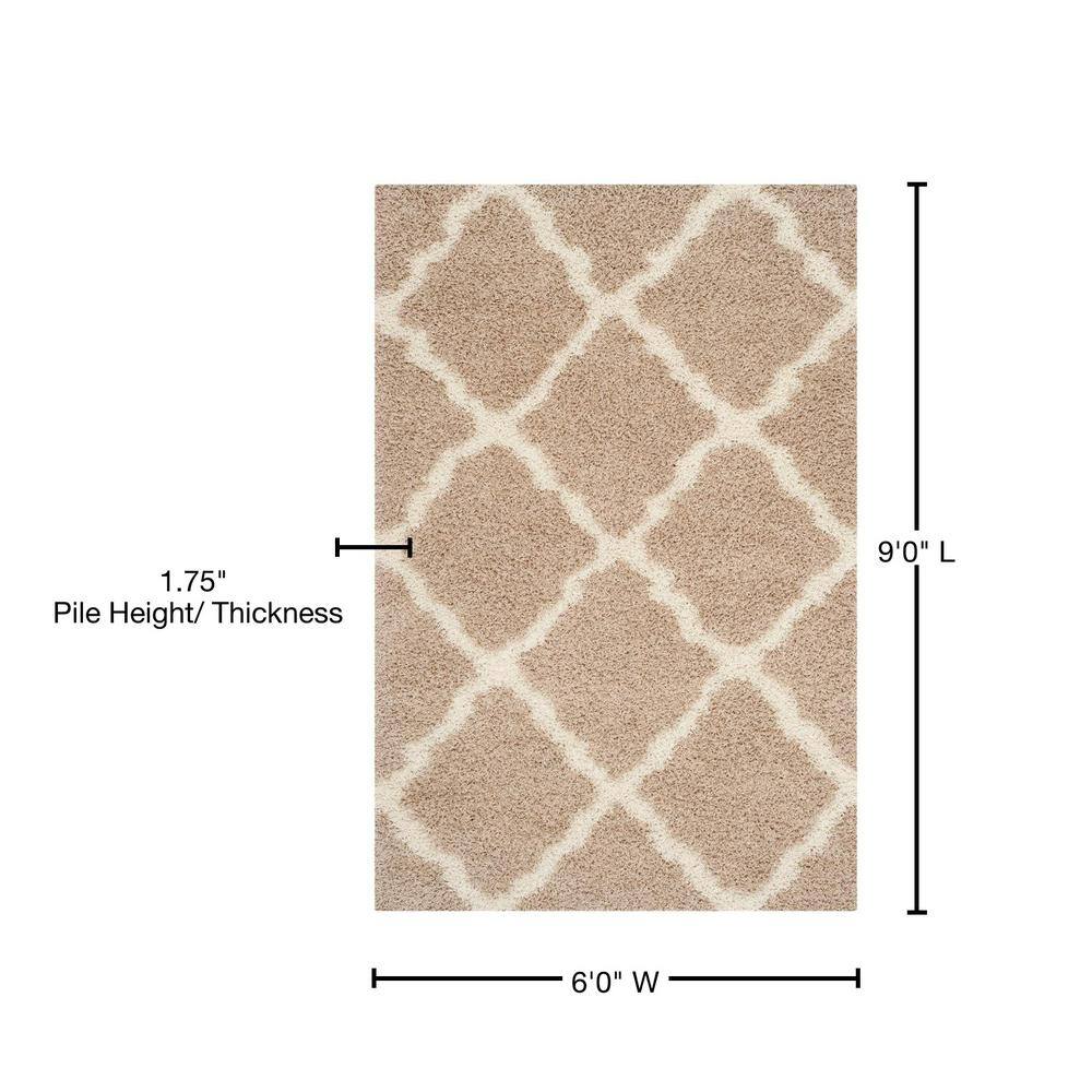 Beige and Ivory Geometric Shag Area Rug, 6' x 9'