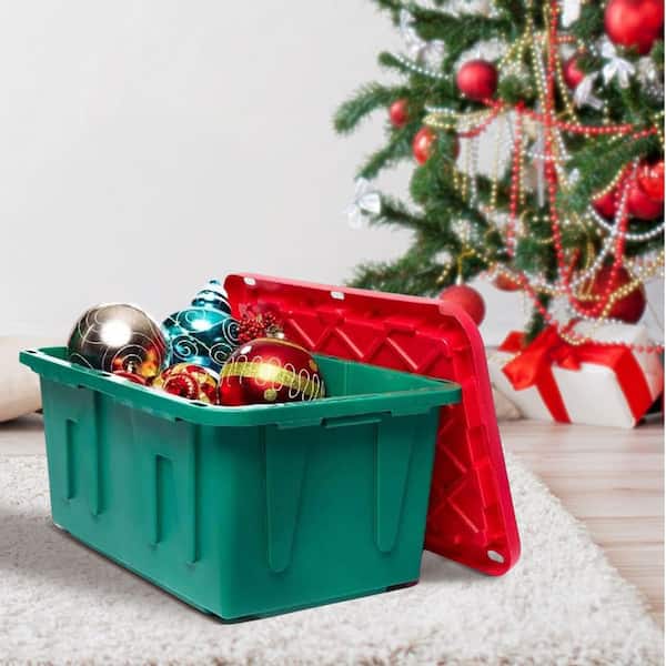 HOMZ Durabilt 27 Gal. Heavy Duty Holiday Storage Tote, Green/Red