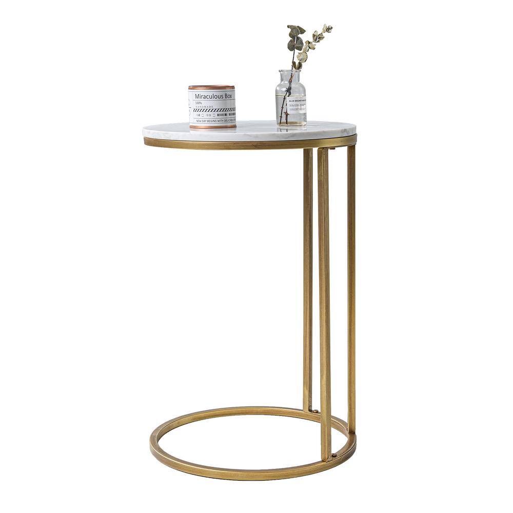 Round White Faux Marble and Gold Metal Side Table