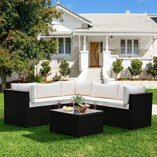 6-Piece Rattan Wicker Outdoor Patio Conversation Sectional Sofa Set with Beige Cushions
