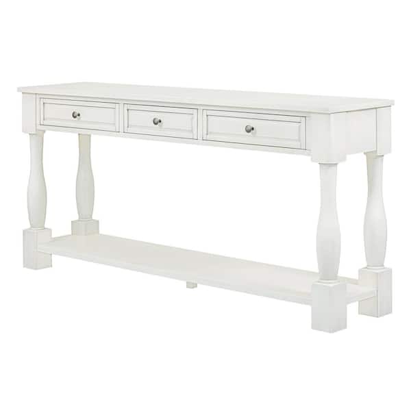 Unbranded 63.00 in. W x 14.80 in. D x 30.00 in. H Antique White Linen Cabinet Console Table with Drawers and Shelf