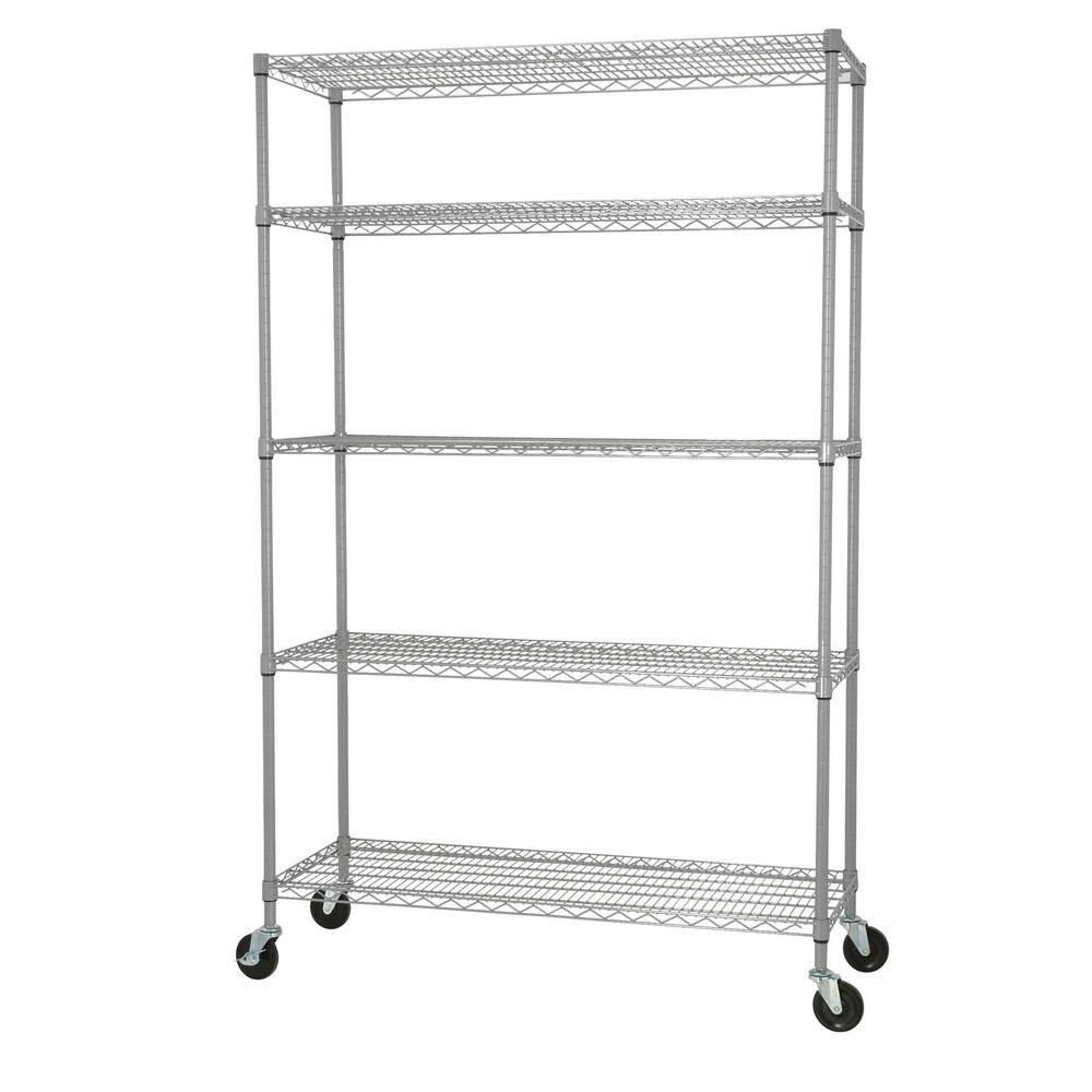 Gray Adjustable 5-Tier Steel Wire Shelving Unit with Wheels